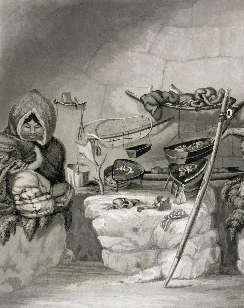 Interior de una cabaña de nieve esquimal, Isla de Invierno 1822, grabado por Edward Francis Finden (1791-1857) pub. por John Murray, 1824 de Captain George Francis Lyon