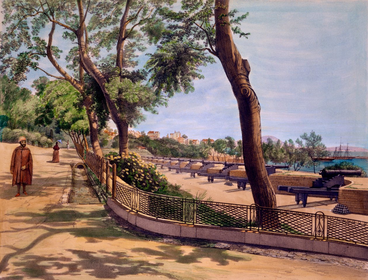 La Batería Victoria, Gibraltar, grabado por TC Dibdin, de 