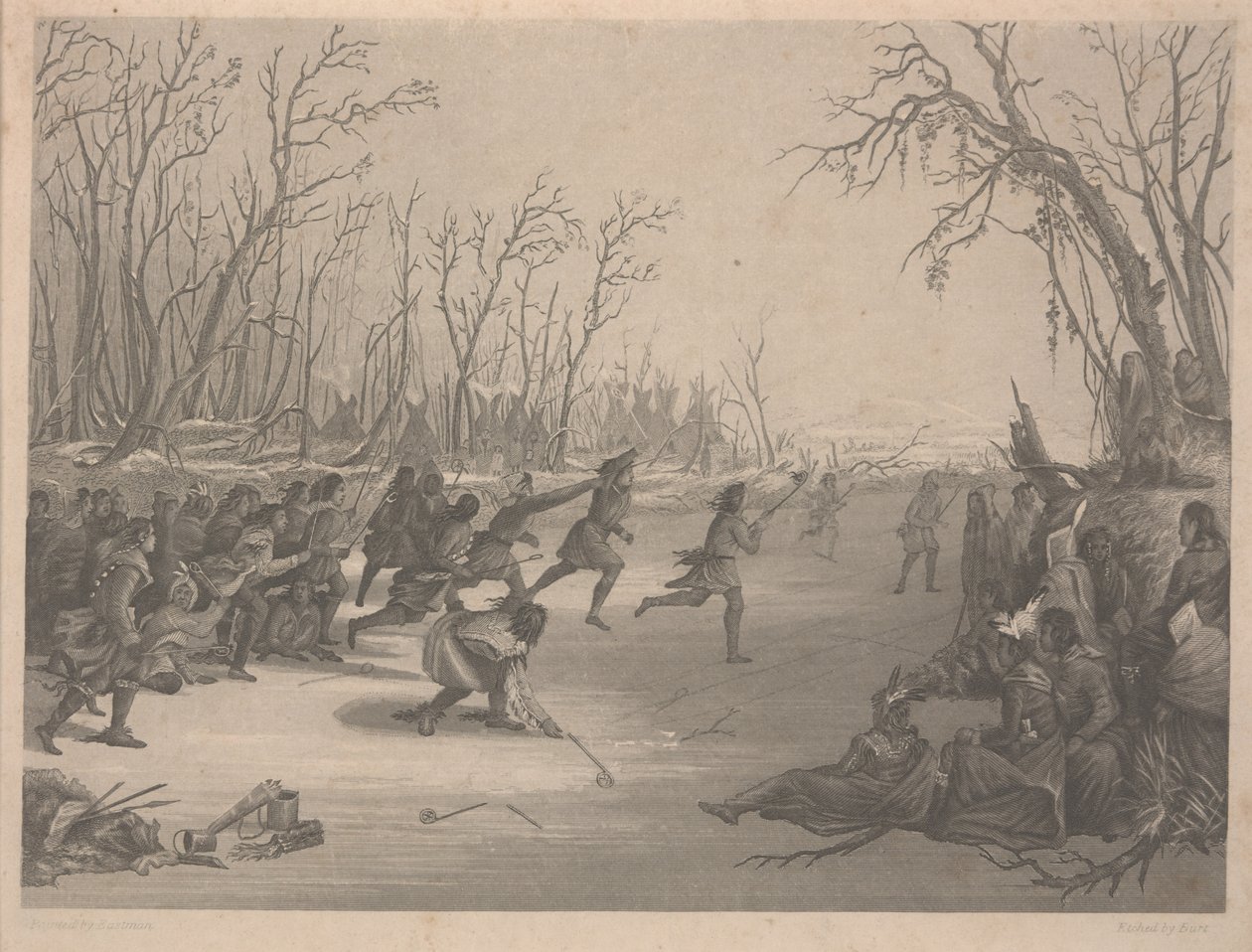 Juego de pelota de los indios Dahcota (Sioux), grabado por Charles Kennedy Burt de Captain Seth Eastman