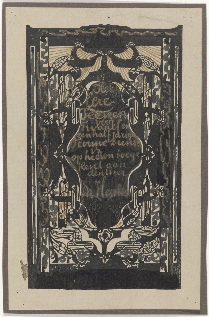 Diseño para un certificado que celebra doce años y medio de servicio leal en la Fábrica de Pegamento y Gelatina de Carel Adolph Lion Cachet