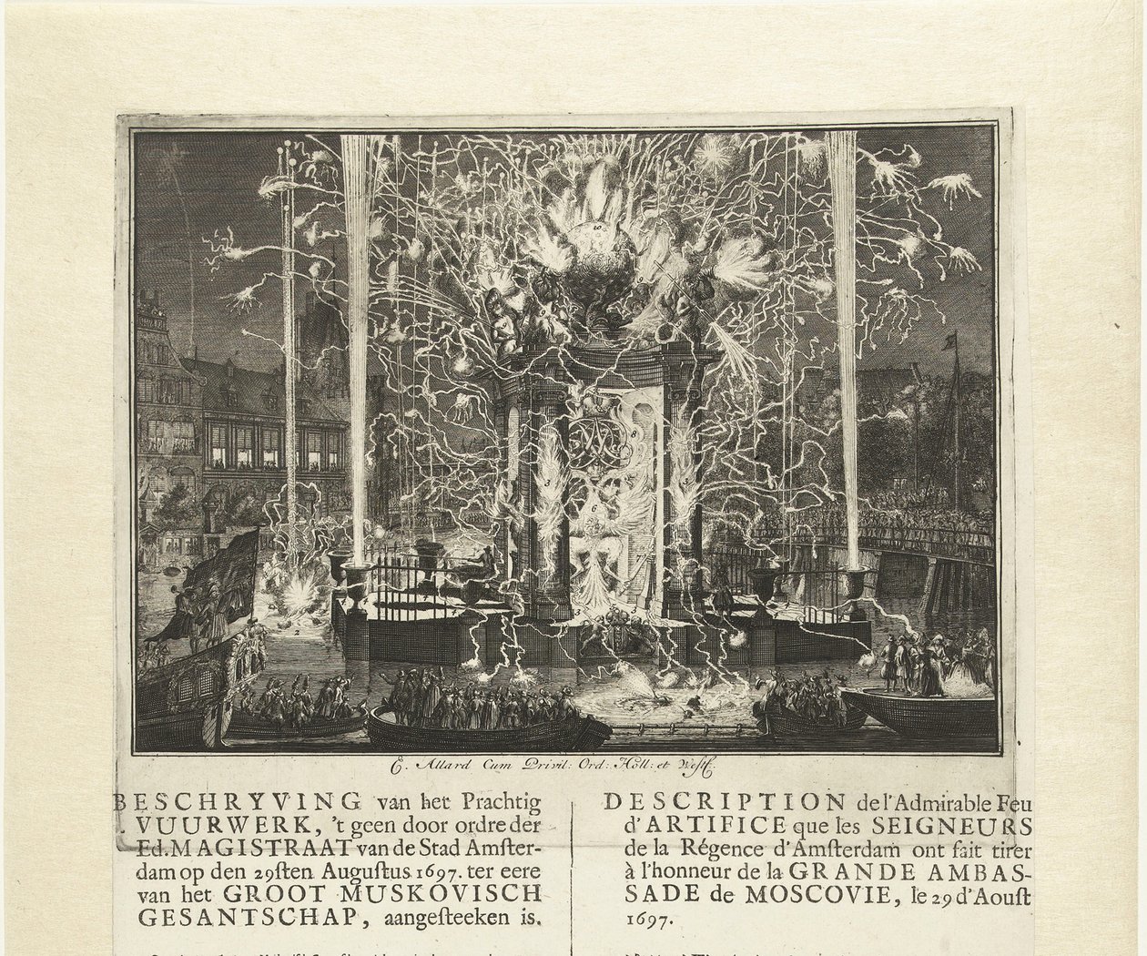 Fuegos artificiales celebrando la llegada de la embajada de Moscovia en Ámsterdam 1697, 1697 de Carel Allard