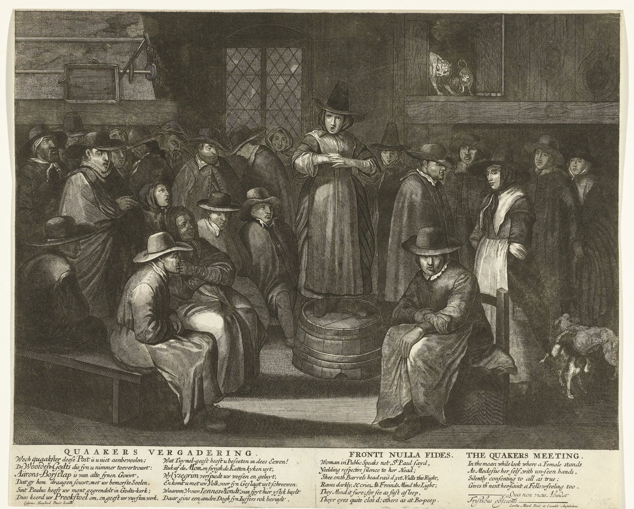Caricatura de los cuáqueros ingleses, hacia 1656 Quaaker Meeting / Fronti Nulla Fides / The Quaakers Meeting (título sobre el objeto) de Carel Allard