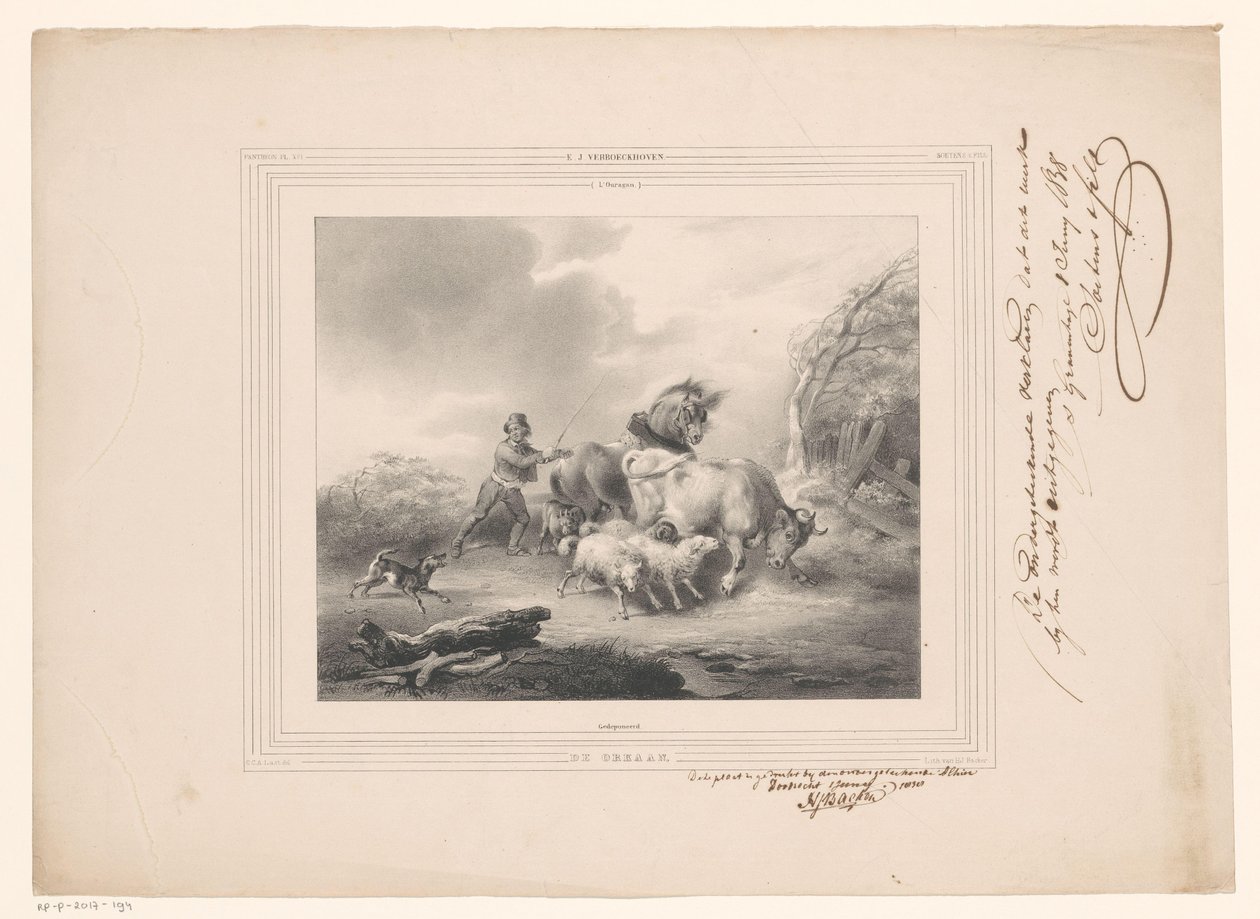 Granjero con sus animales huyendo de un huracán El huracán (título sobre el objeto) de Carel Christiaan Antony Last