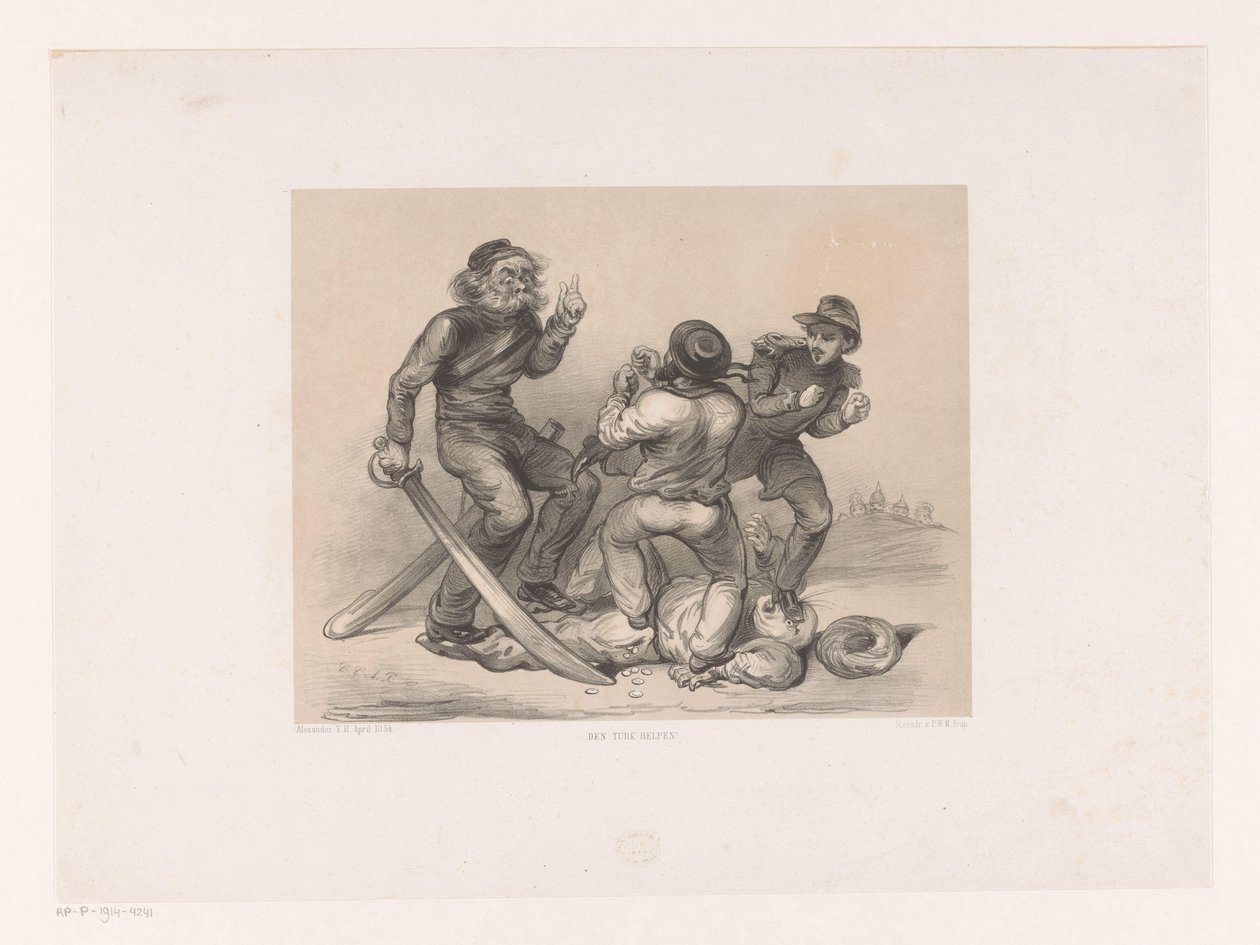 Tres hombres en batalla pisotean a Turk ¡Ayuda al turco! (título en el objeto) de Carel Christiaan Antony Last