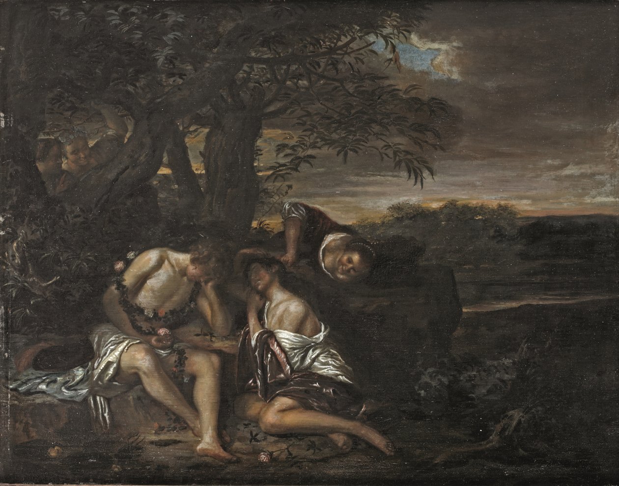 Una pareja durmiendo, descubierta por tres mujeres en un paisaje arcádico (óleo sobre tabla) de Carel De Moor II (attr. to)