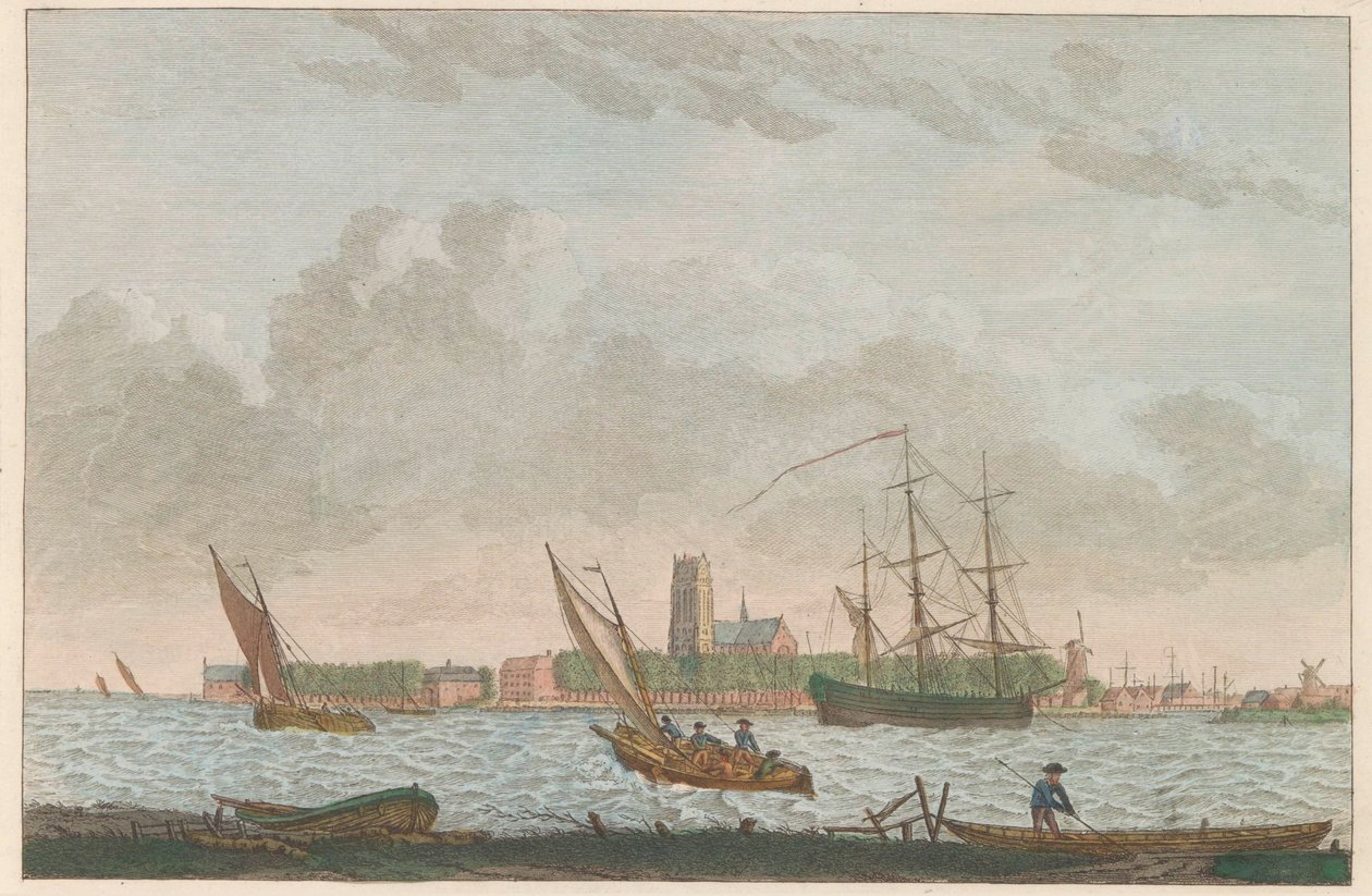 Dordrecht de Merwede, hacia 1790 Dordrecht van de Merwe en exhibición / La ville Dordrecht - prise du coté dela riviere dite la Merwe (título sobre objeto) de Carel Frederik Bendorp (I)