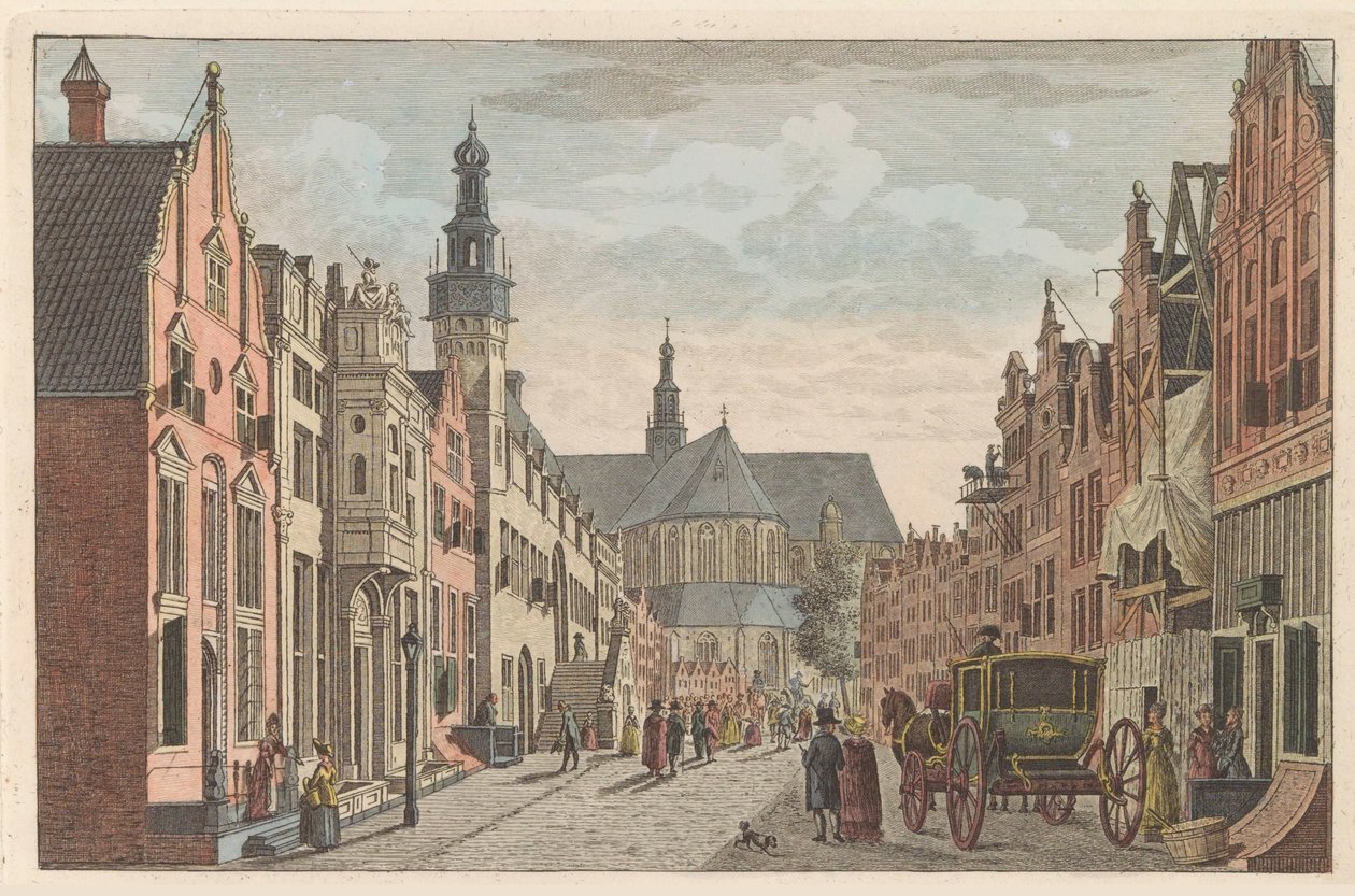 Langestraat en Alkmaar, hacia 1790 Langestraat, Ayuntamiento y Grote Kerk en Alkmaar / Rue longue - Hotel de Ville - et grande Eglise à Alkmaar (título sobre objeto) de Carel Frederik Bendorp (I)