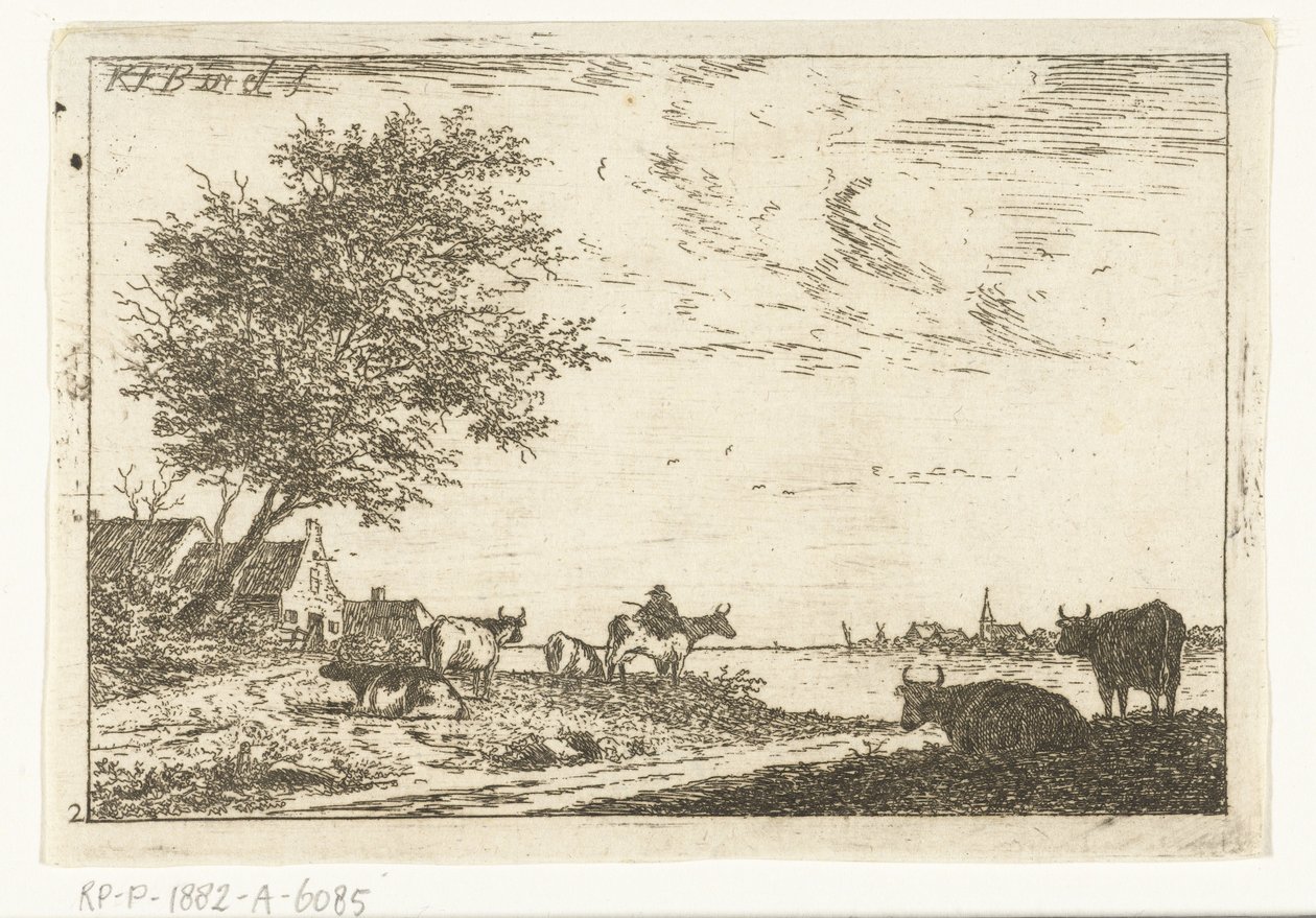 Paisaje fluvial con granjero y vacas en la granja. Paisajes (título de la serie) de Carel Frederik Bendorp (I)