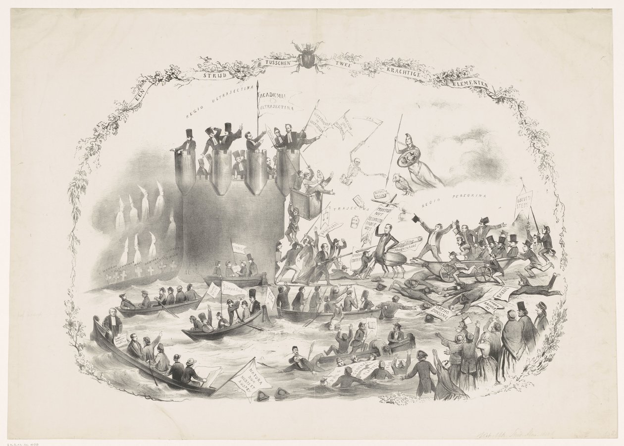 Caricatura que representa los planes de Thorbecke para abolir la Universidad de Ciencias Aplicadas de Utrecht, 1863 Una batalla entre dos elementos poderosos (título sobre objeto) de Carel Hendrik Thiebout