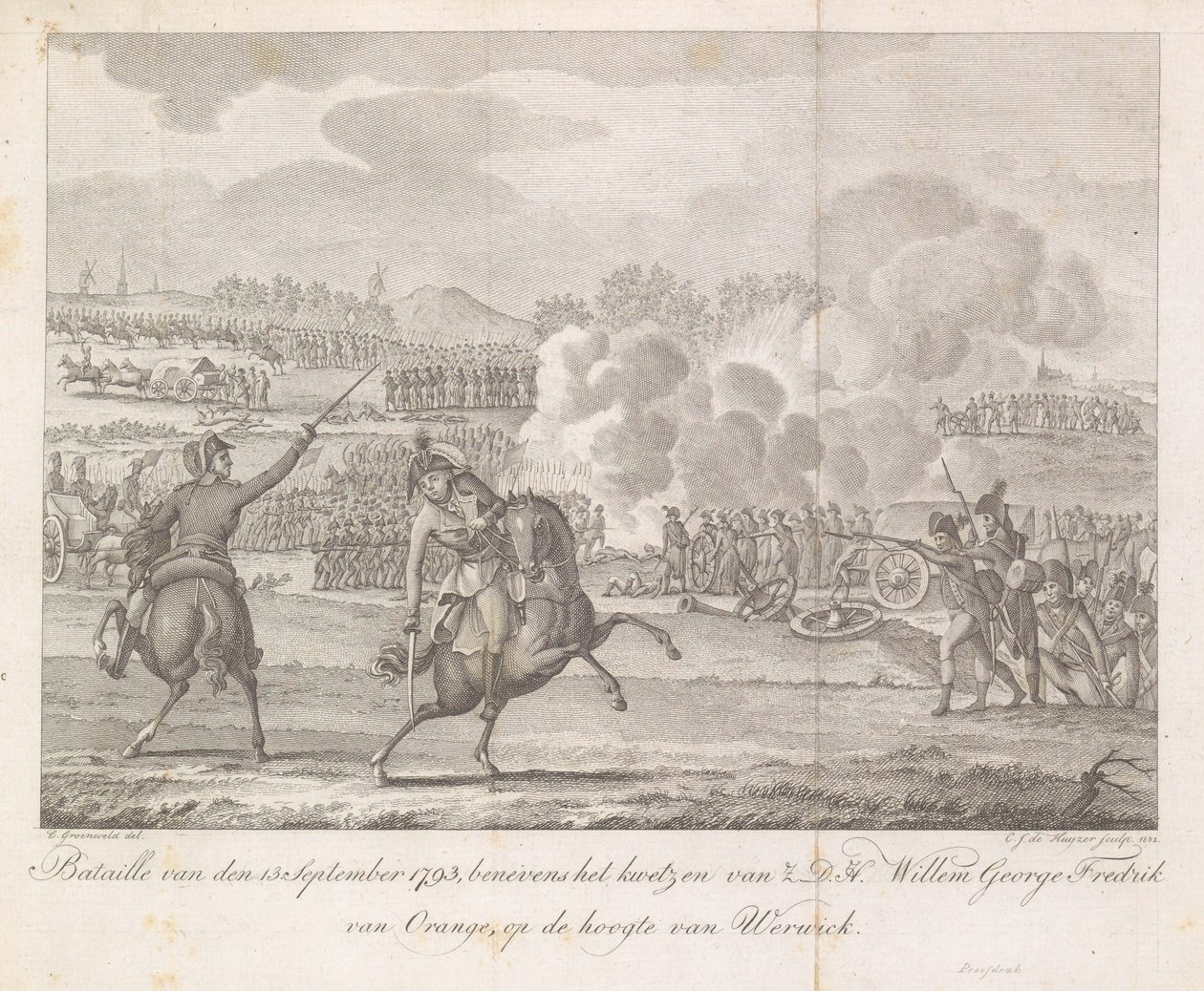 El príncipe Frederik es herido en Wervik, 1793 Bataille del 13 de septiembre de 1793, además de la herida de H.D.H. Willem George Fredrik de Orange, al tanto de Werwick (título sobre el objeto) de Carel Jacob de Huyser