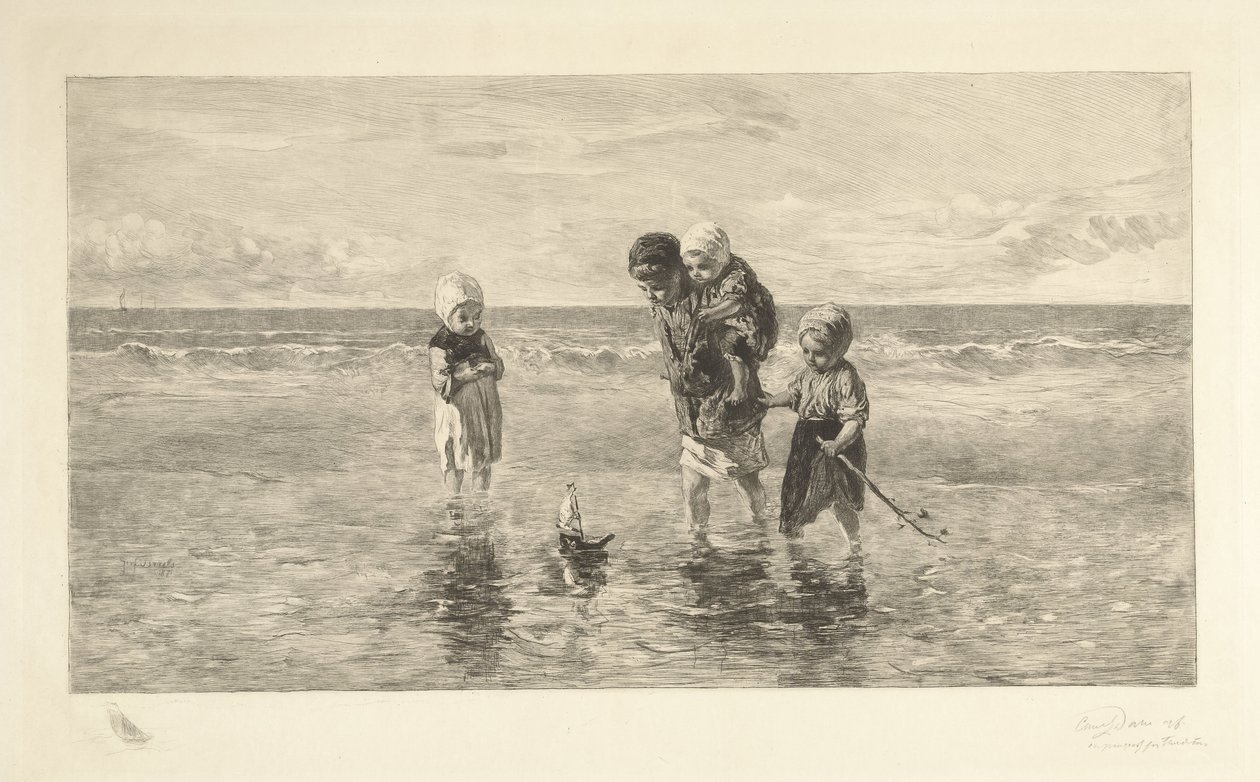 Cuatro niños juegan con un bote de juguete en la playa en aguas poco profundas hijos del mar de Carel Lodewijk Dake