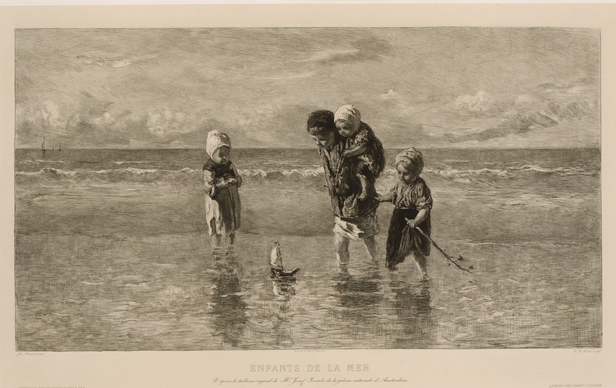 Cuatro niños juegan con un barco de juguete en la playa en aguas poco profundas
Niños del mar
Enfants de la mer (título en el objeto) de Carel Lodewijk Dake