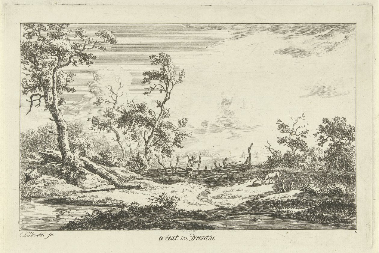 Cazador en un paisaje Te Eext en Drenthe (título sobre el objeto) Paisajes (A-F) (título de la serie) de Carel Lodewijk Hansen