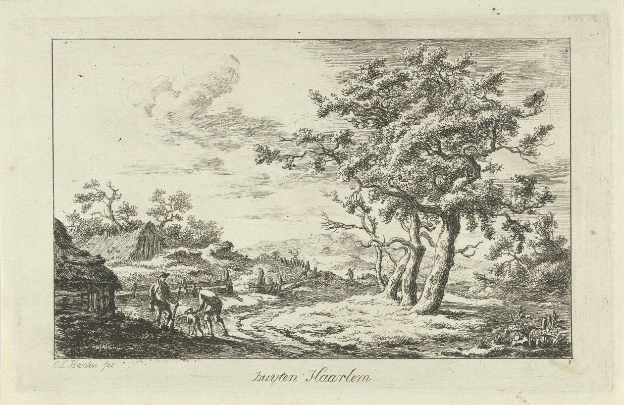Cazadores con un perro en un sendero Buyten Haarlem (título sobre el objeto) Paisajes (a-f) (título de la serie) de Carel Lodewijk Hansen