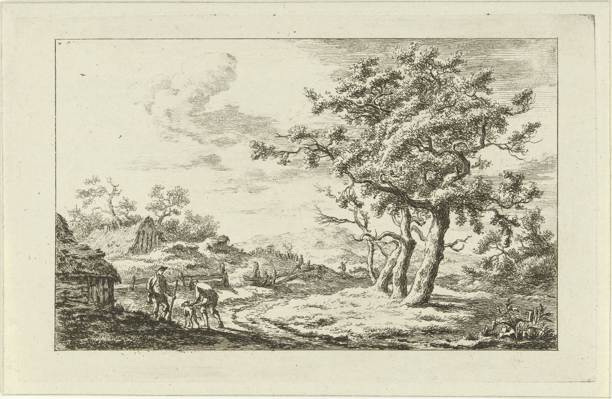 Cazadores con un perro en un sendero Paisajes (a-f) (título de la serie) de Carel Lodewijk Hansen