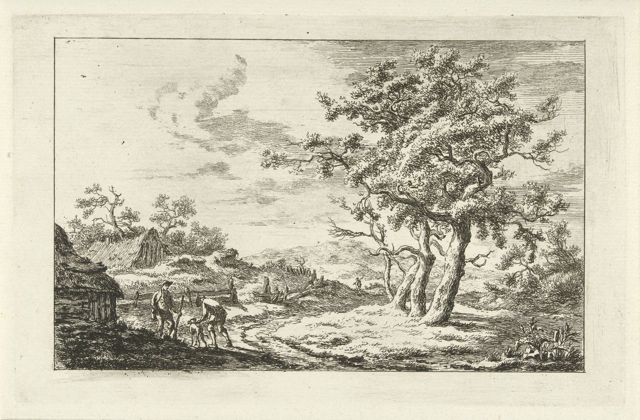 Cazadores con un perro en un sendero Paisajes (a-f) (título de la serie) de Carel Lodewijk Hansen