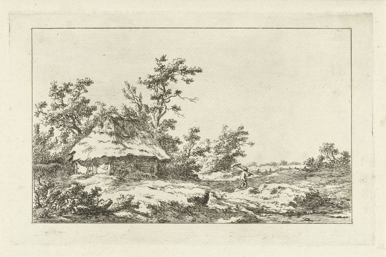 Hombre con un rastrillo en un granero Paisajes (A-F) (título de la serie) de Carel Lodewijk Hansen