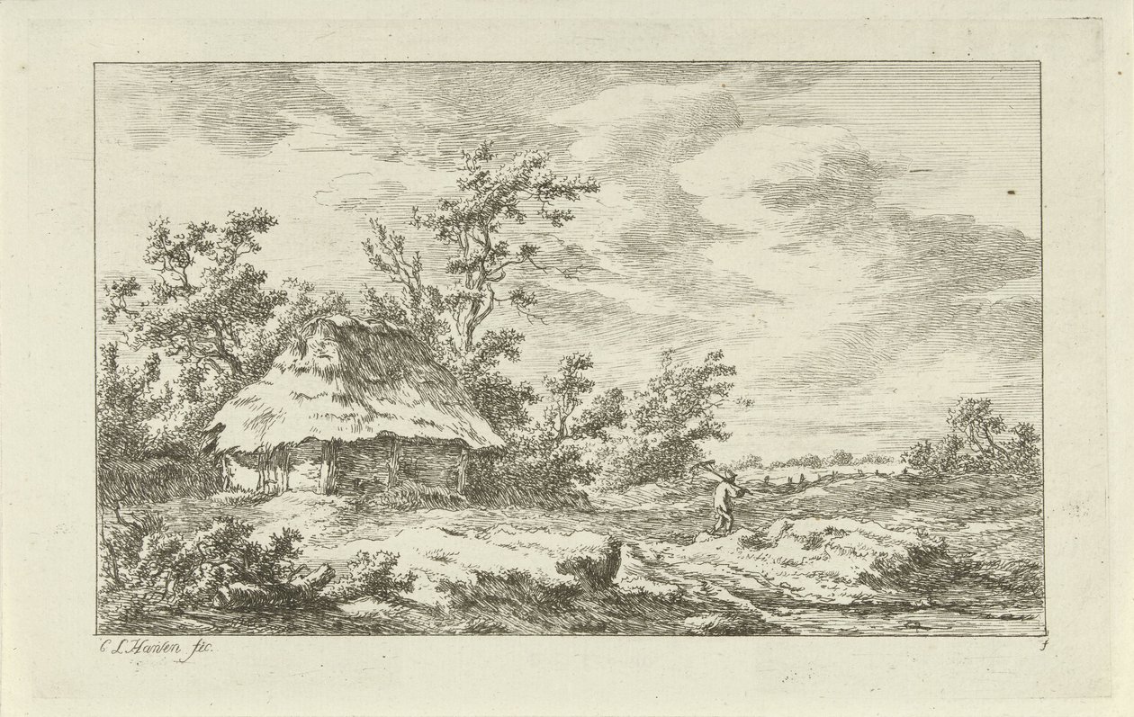 Hombre con un rastrillo en un granero Paisajes (A-F) (título de la serie) de Carel Lodewijk Hansen