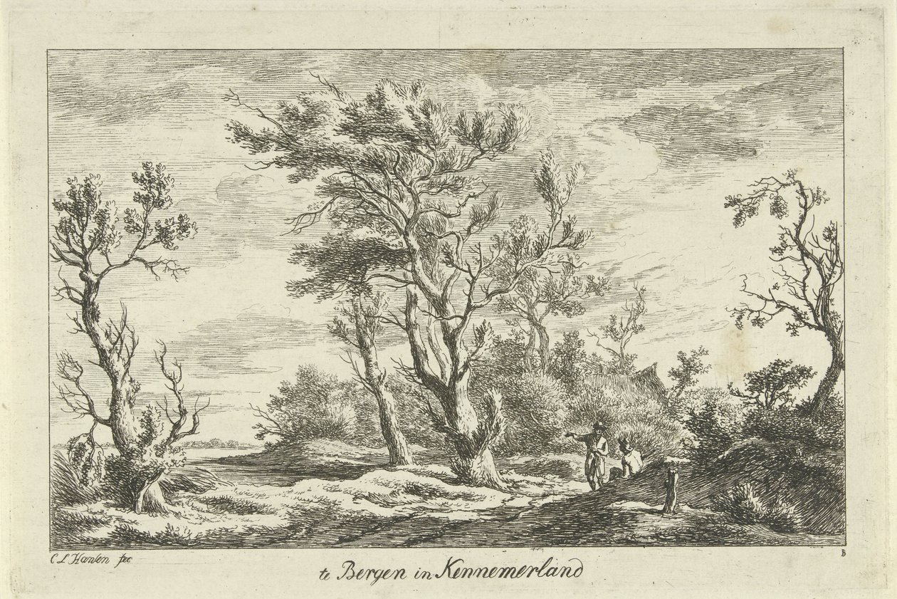 Viajeros en un paisaje En Bergen en Kennemerland (título sobre objeto) Paisajes (A-F) (título de la serie) de Carel Lodewijk Hansen
