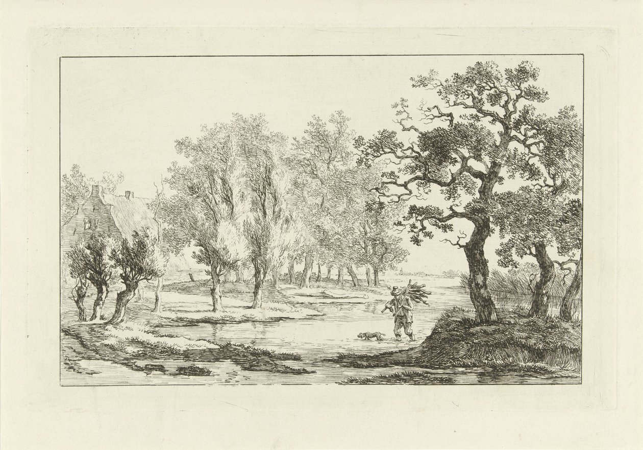Paisaje fluvial con un recolector de madera. de Carel Lodewijk Hansen