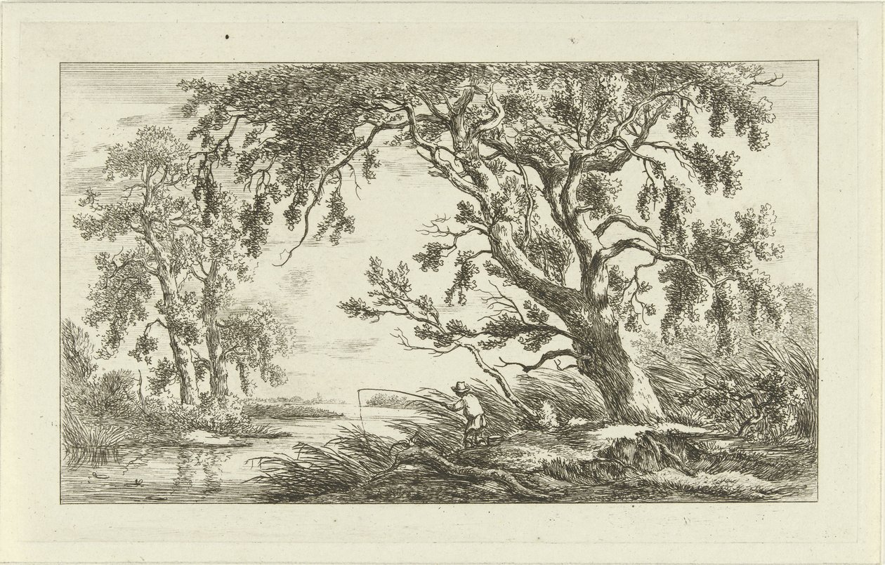 Pescador en un paisaje de río Paisajes (a-f) (título de la serie) de Carel Lodewijk Hansen