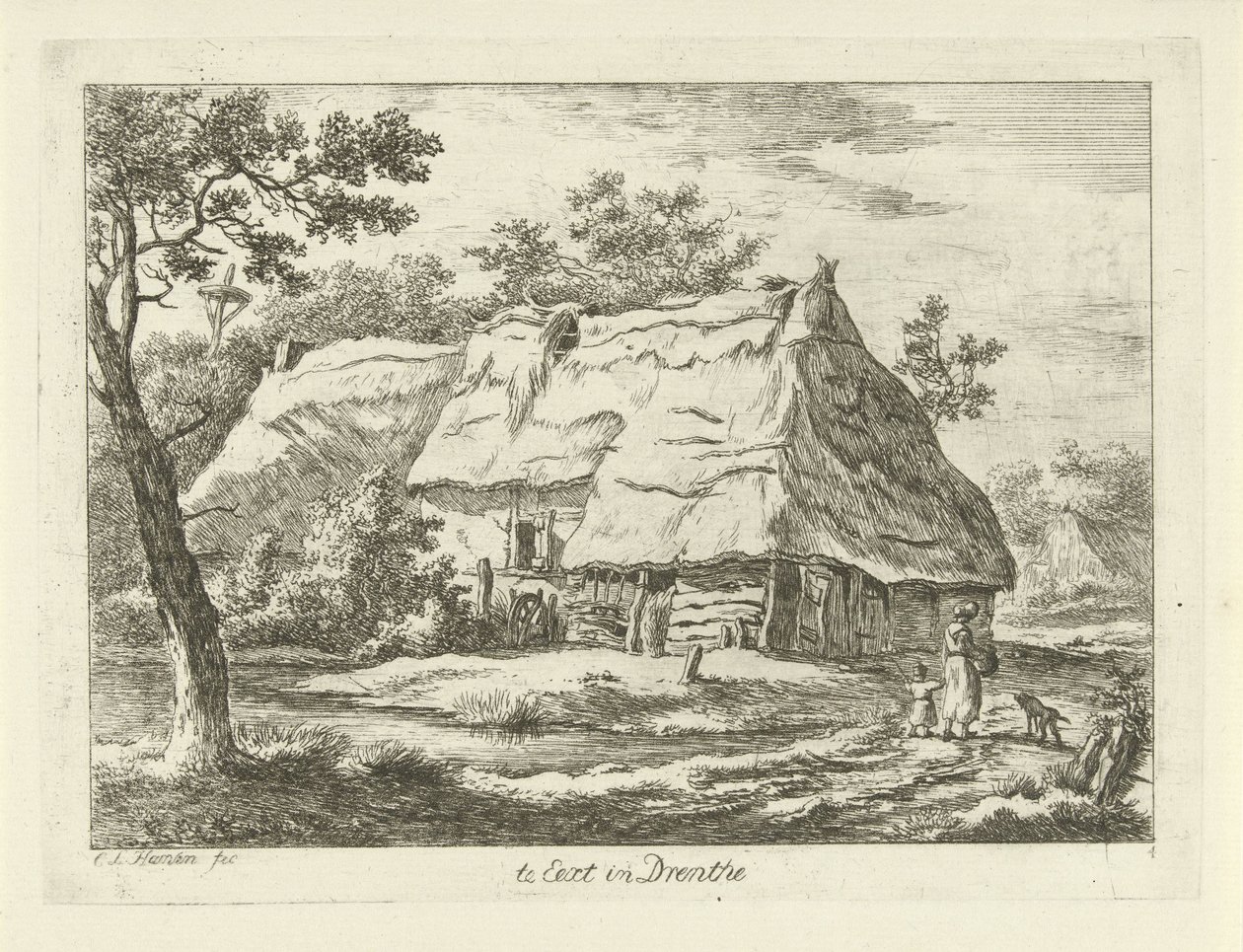 Mujer con niño en una granja Te Eext en Drenthe (título sobre el objeto) Paisajes (1-6) (título de la serie) de Carel Lodewijk Hansen