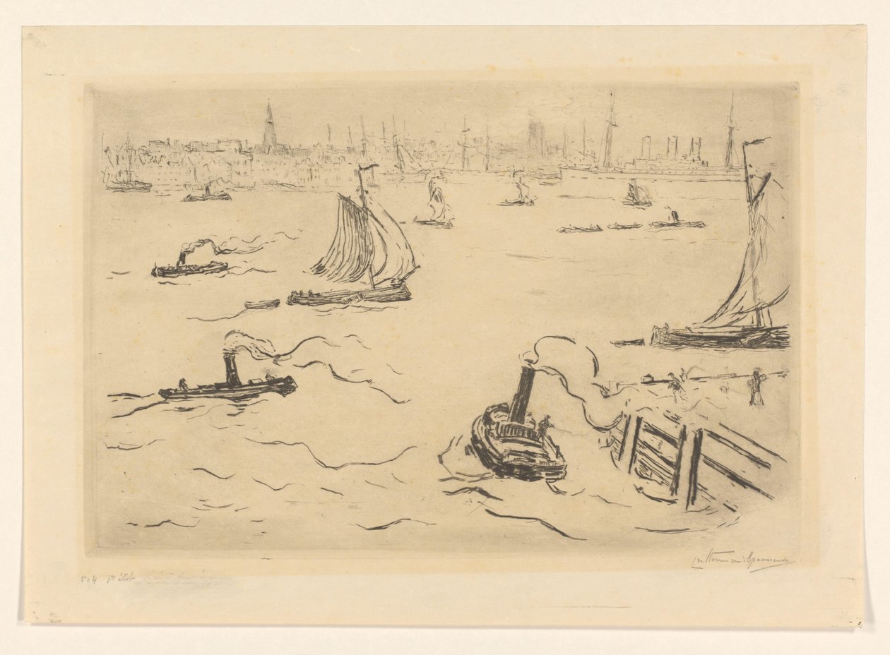 Río con barcos cerca de una ciudad de Carel Nicolaas Storm van 