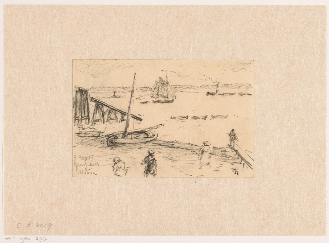 Vista del Elba en Altona, con barcos de pesca y bañistas de Carel Nicolaas Storm van 