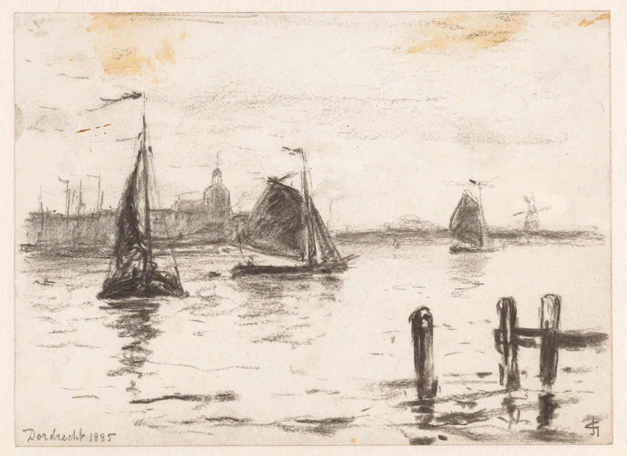 Barcos de pesca en el Maas frente a Dordrecht de Carel Nicolaas Storm van 