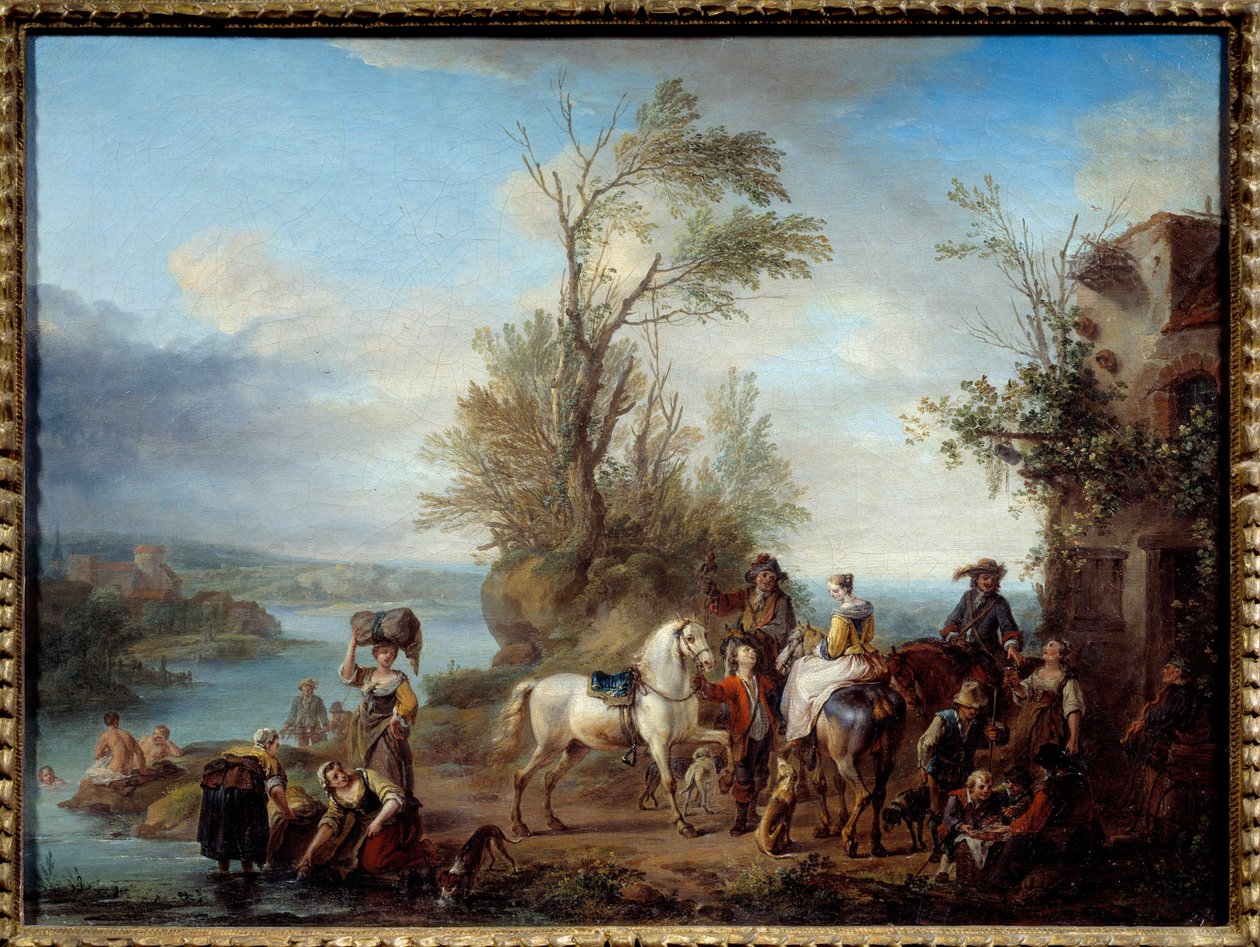 Caza, lavanderas y baño en las orillas de un río de Carel van Falens or Valens