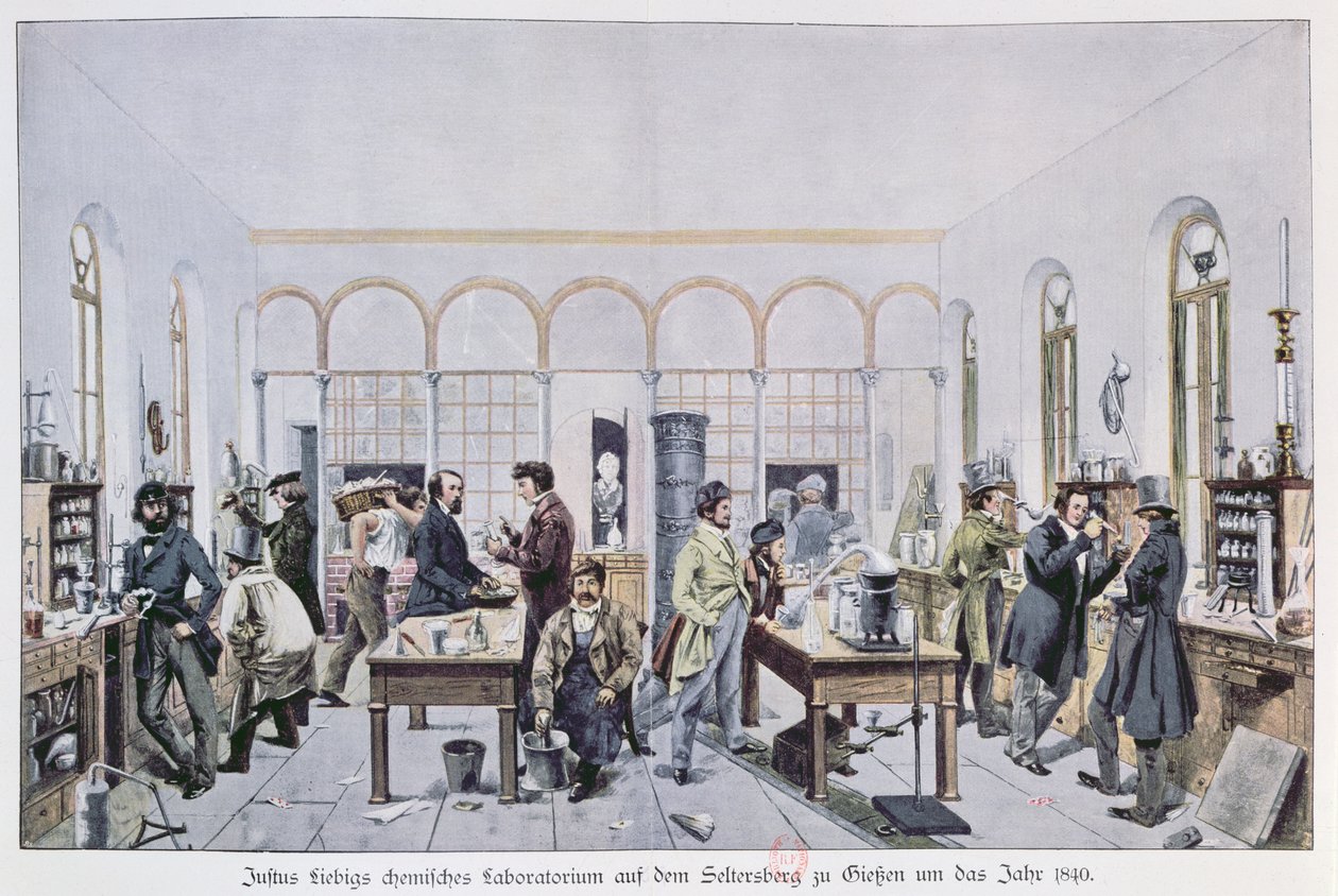 Vista del laboratorio de química del Barón Justus von Liebig (1803-73) c.1840 en Giessen de Carl Friedrich Wilhelm Trautschold