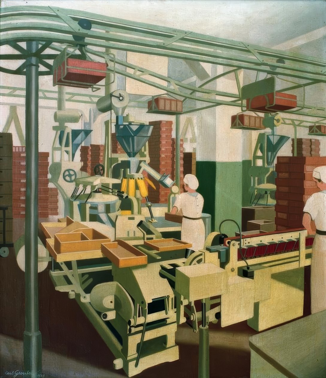 Sala de máquinas con dos chicas trabajando de Carl Grossberg