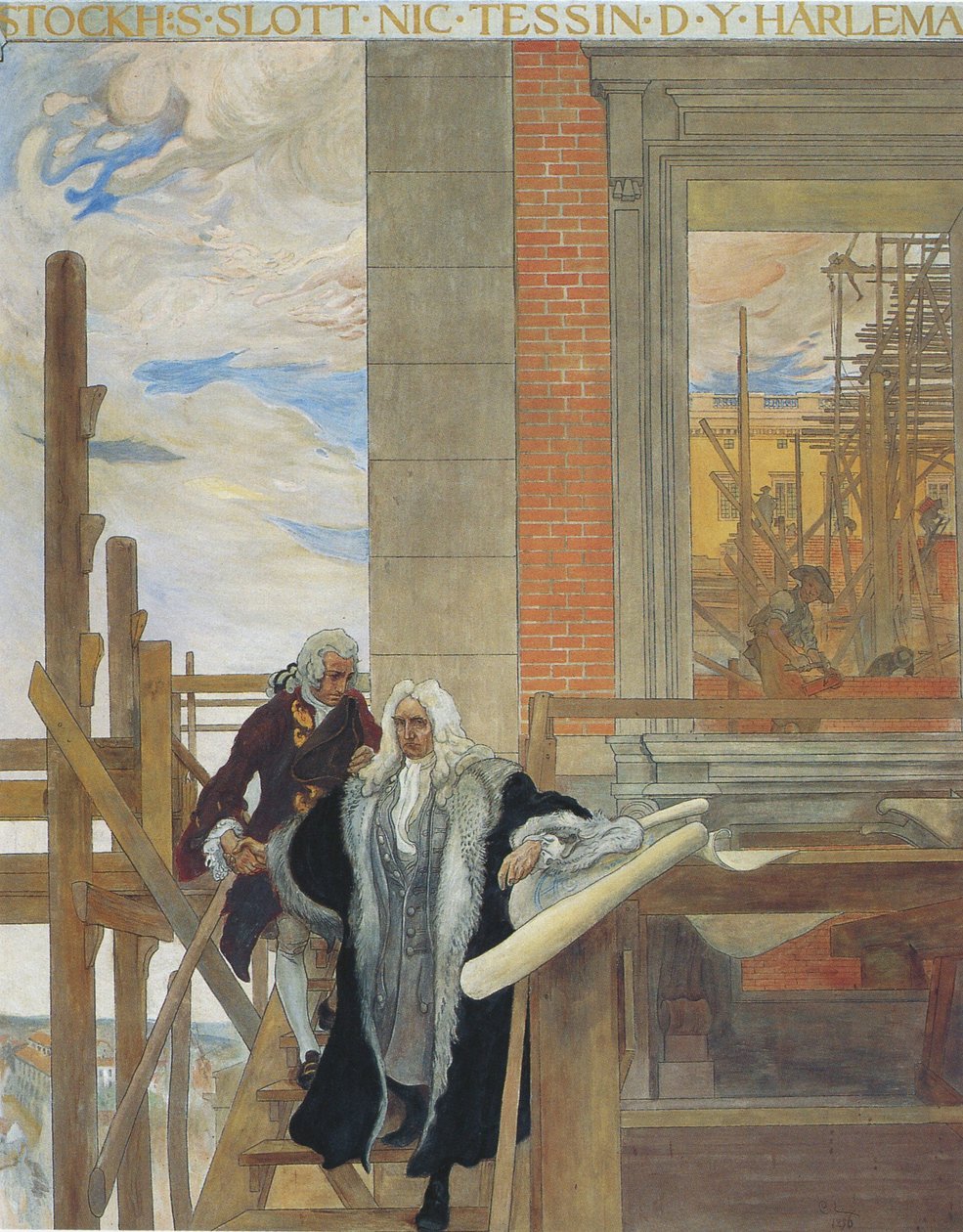 Una de las frescos del Museo Nacional mostrando la construcción del castillo de Carl Larsson