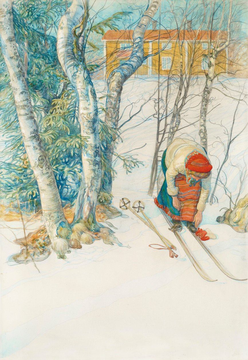 Niña ajustándose los esquís de Carl Larsson