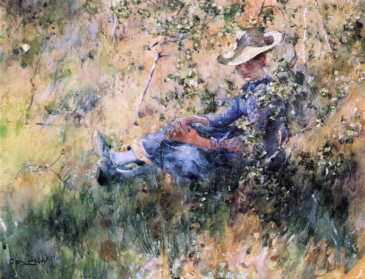 Niña junto a un espino en flor de Carl Larsson