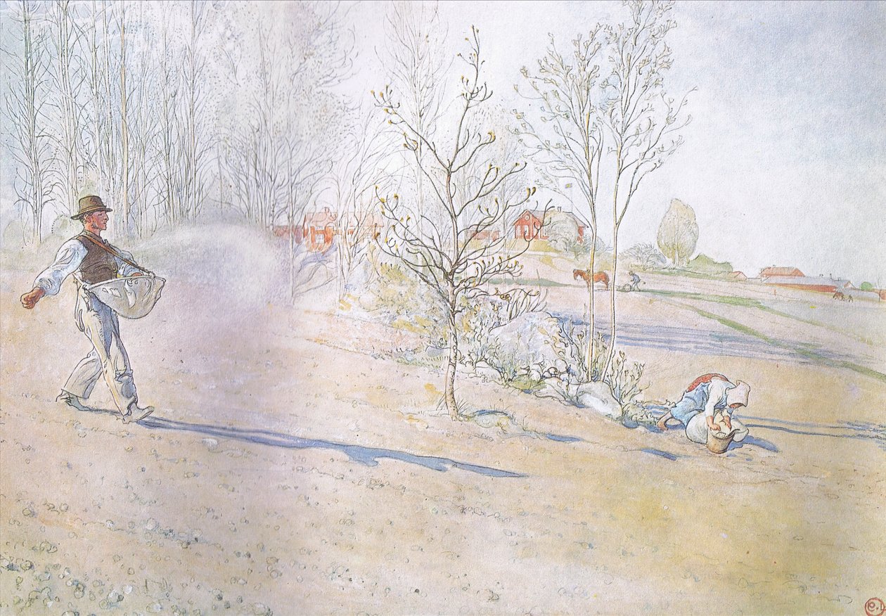 Johan llevaba la avena en una gran bolsa abierta sujeta por correas de Carl Larsson