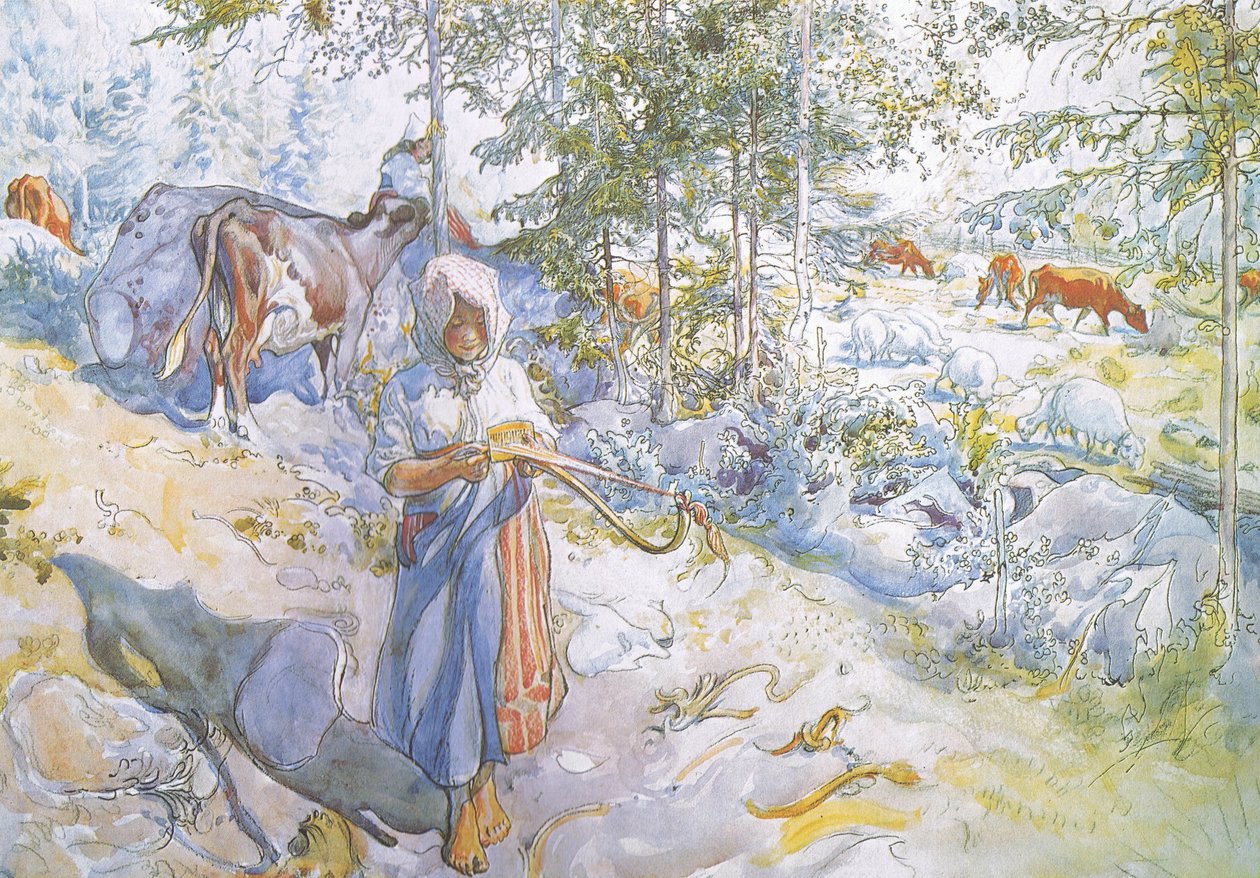 Por último llegó la pequeña Kertsi con una ramita de sauce para llevar las vacas de Carl Larsson