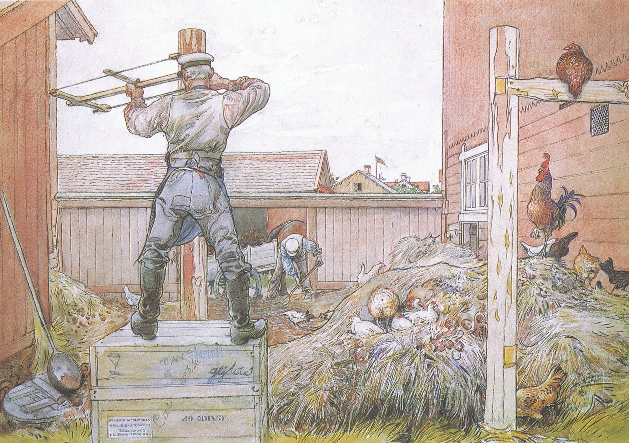 El gallo siguió cantando todo el tiempo que Elfstrom aserraba y martillaba de Carl Larsson