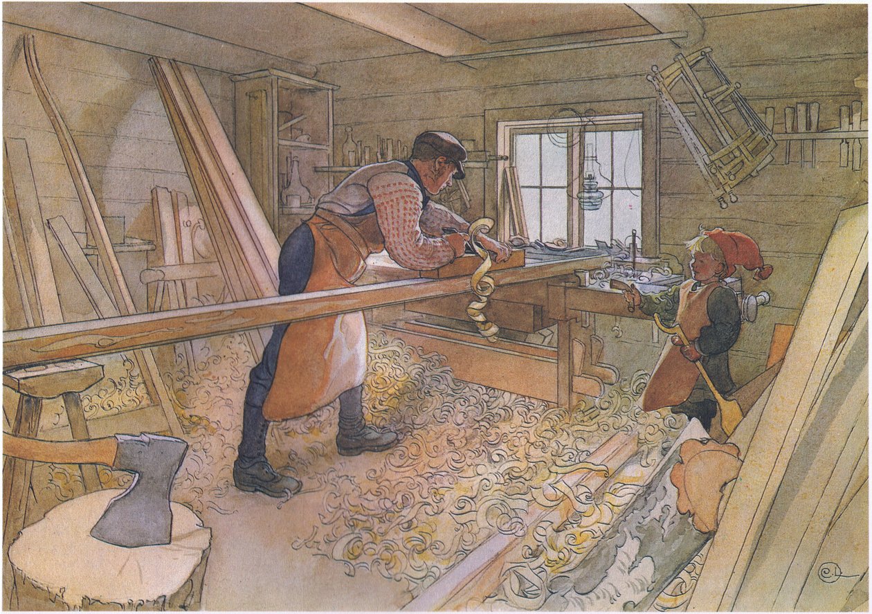 Tío Johan en el taller de la granja de Carl Larsson