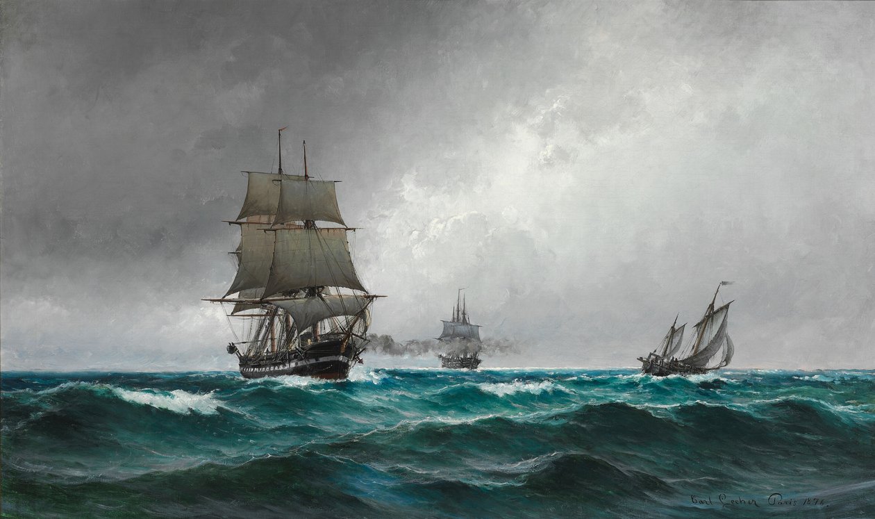 Noche tranquila en el Mar del Norte con la fragata Jylland de Carl Ludvig Locher