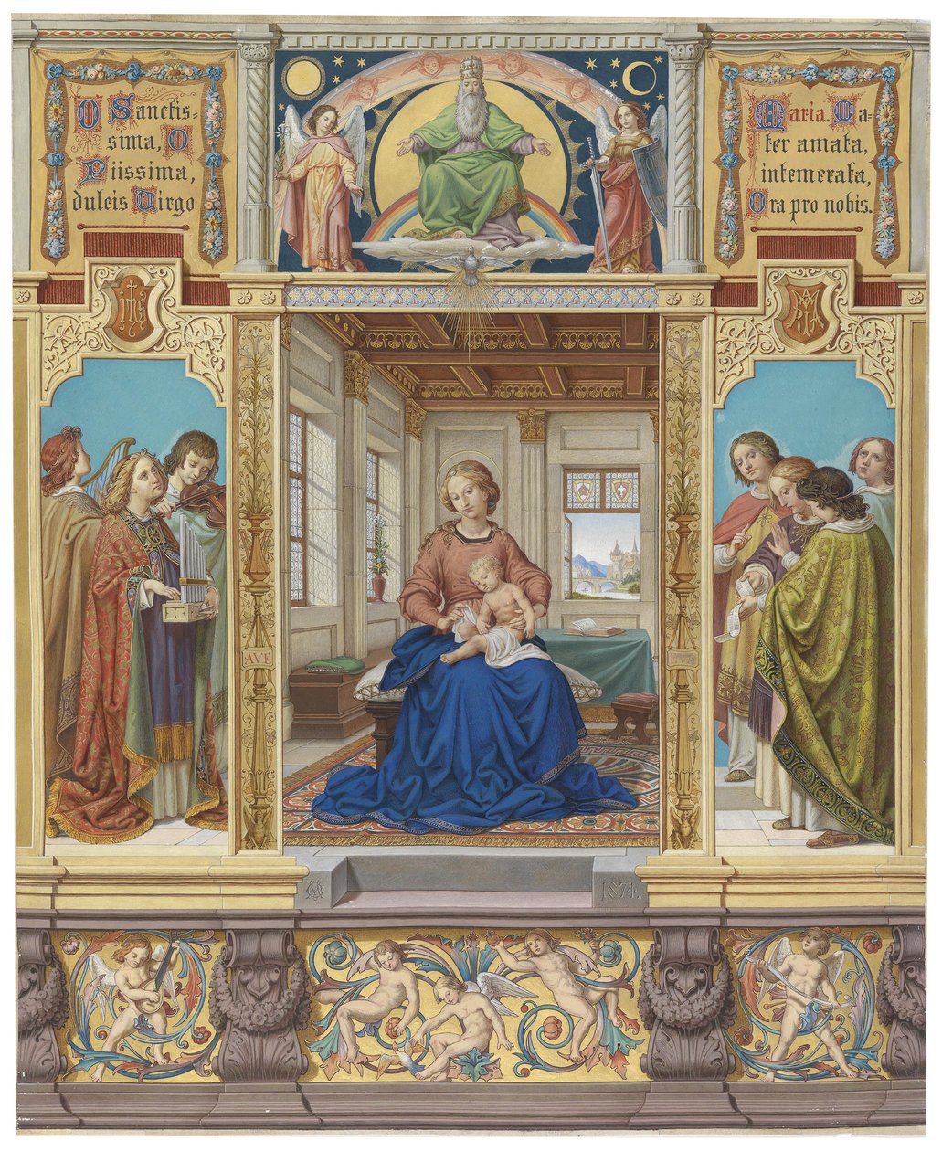 La Virgen María, madre de Jesús, sentada en una habitación, rodeada de ángeles músicos de Carl Mayer