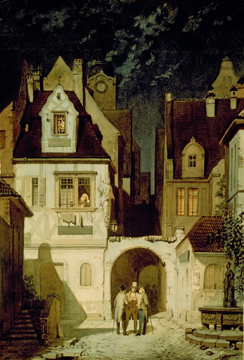 Un rincón de una ciudad alemana a la luz de la luna de Carl Spitzweg