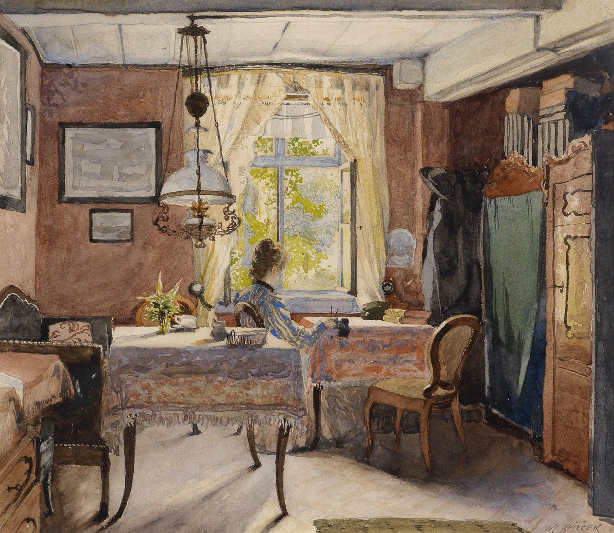 Interior soleado con una mujer en la ventana de Carl Wenzel Zajicek
