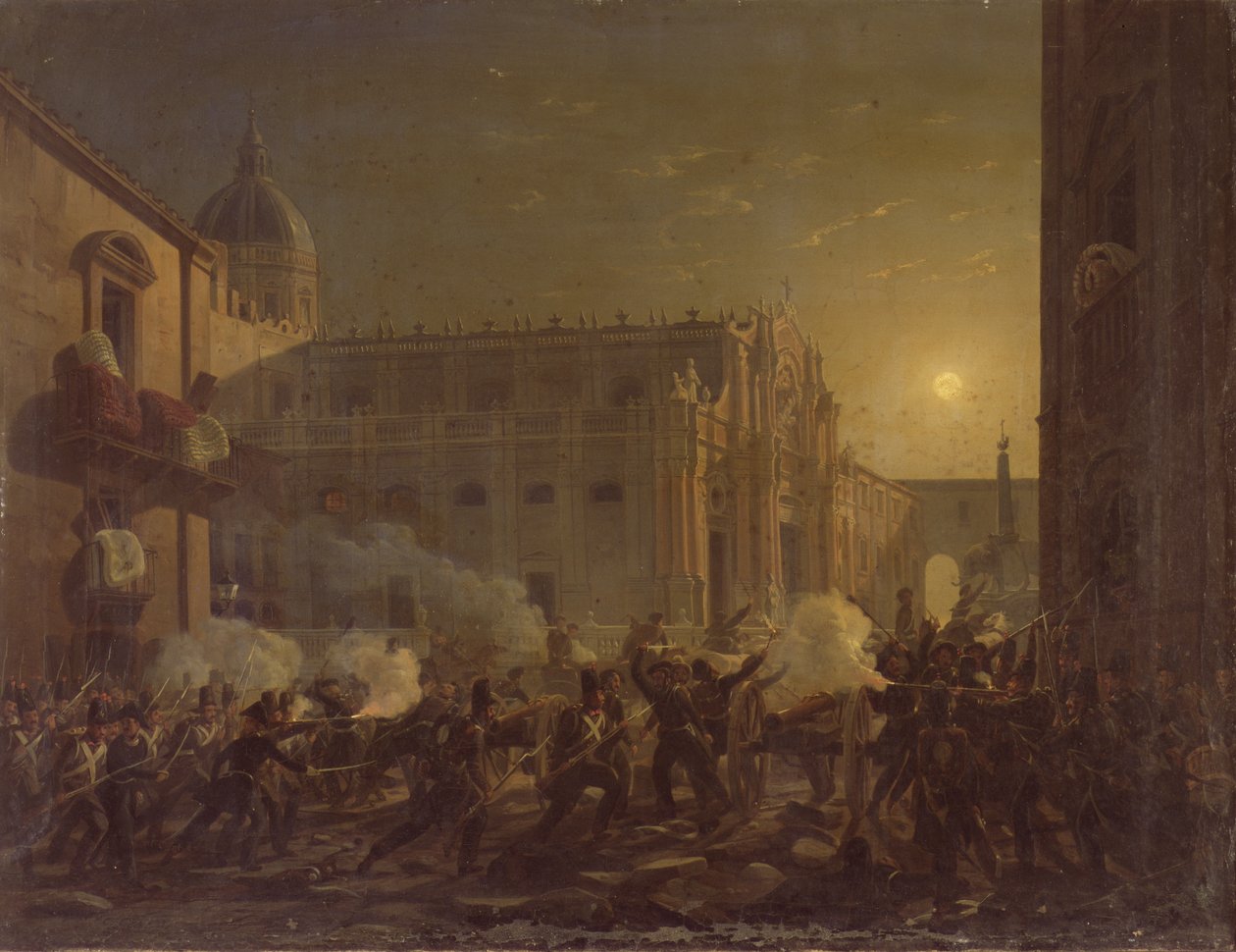 El Incendio de Catania tras la Conquista de la Ciudad por el Regimiento de Berna en 1849, 1849 de Carl Wilhelm Goetzloff