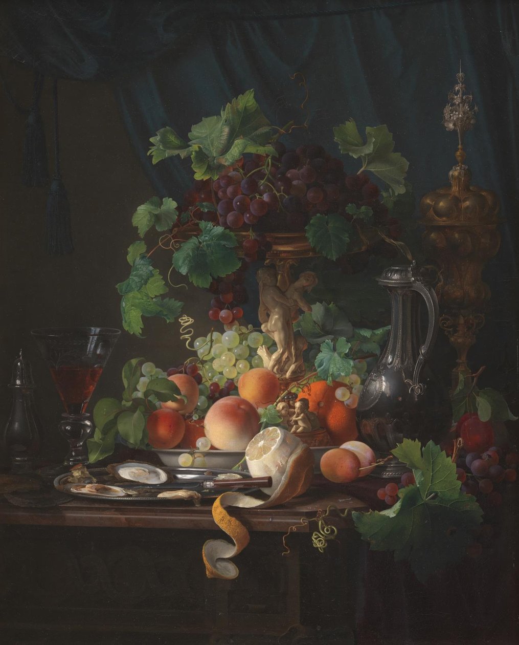 Bodegón con copa de vino, ostras, limón y otras frutas de Carl Balsgaard