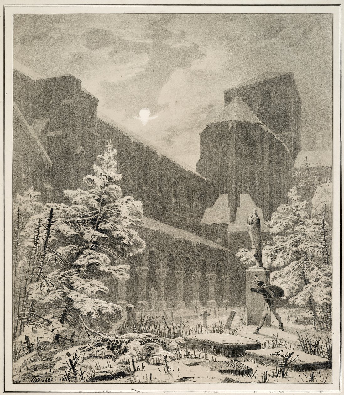 Iglesia y cementerio en la nieve a la luz de la luna de Carl Blechen