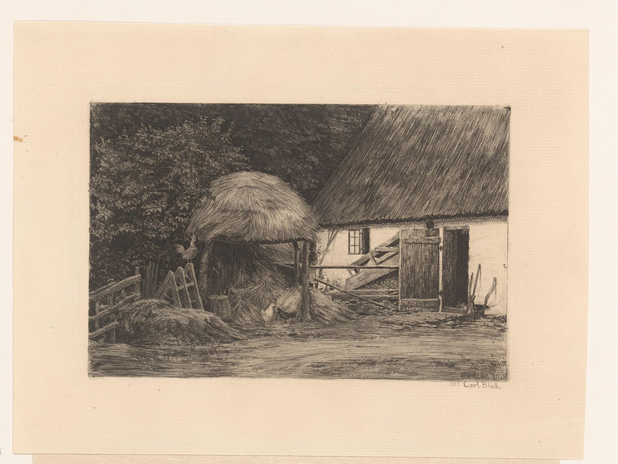 Corral con pajar y gallinas de Carl Bloch