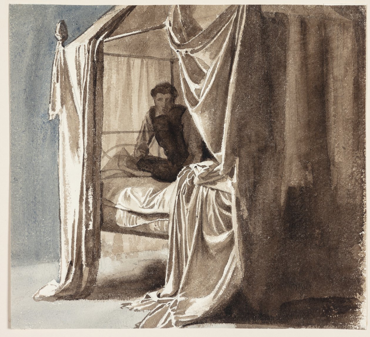 Una cama con dosel. Estudio para la pintura "Niels Ebbesen y el Conde Gert" expuesta en 1868 de Carl Bloch