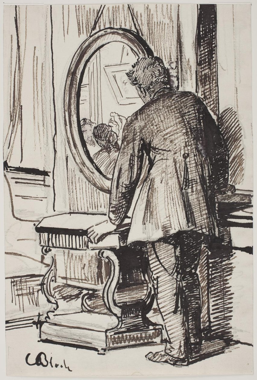 Un joven observa a tres mujeres en un espejo de Carl Bloch