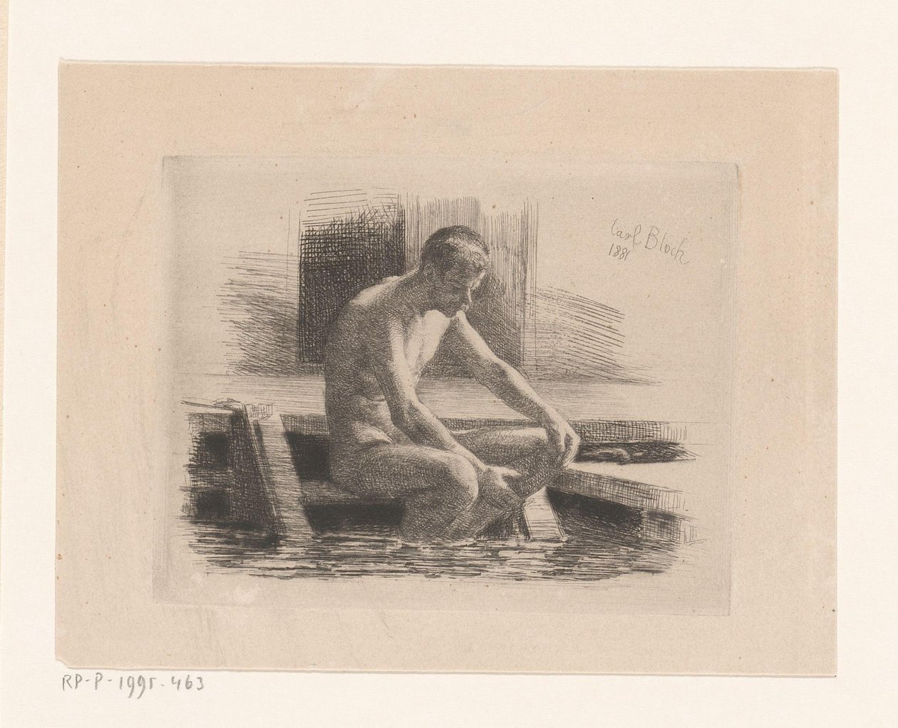 Hombre desnudo sentado en unas escaleras junto al agua de Carl Bloch